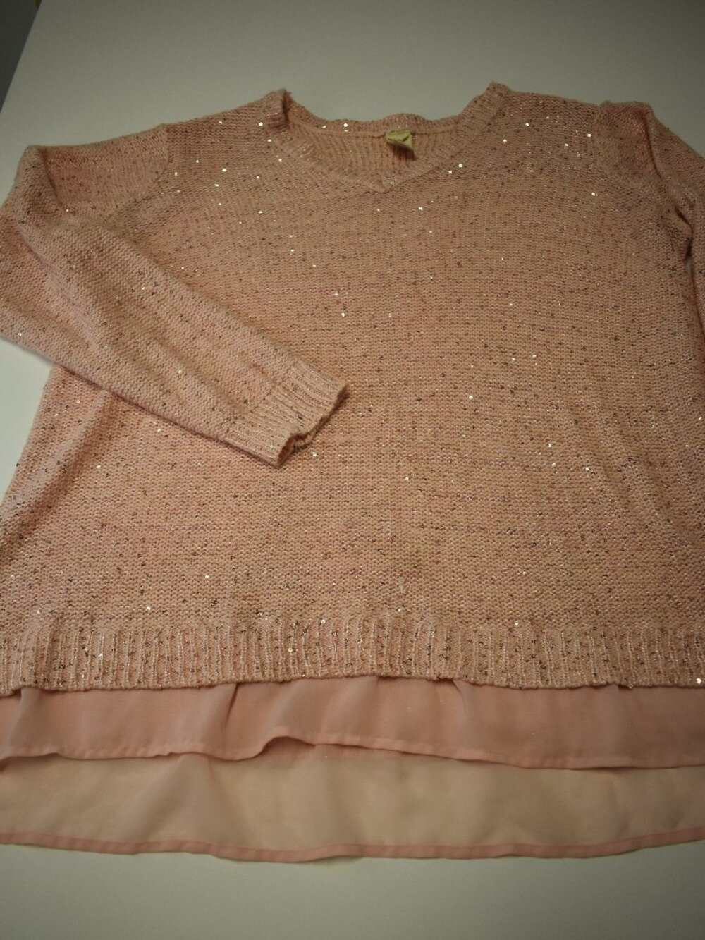 4X 26W-28W Faded Glory Women's Pink Sequin Sweater Layered Chiffon Hem Plus Size